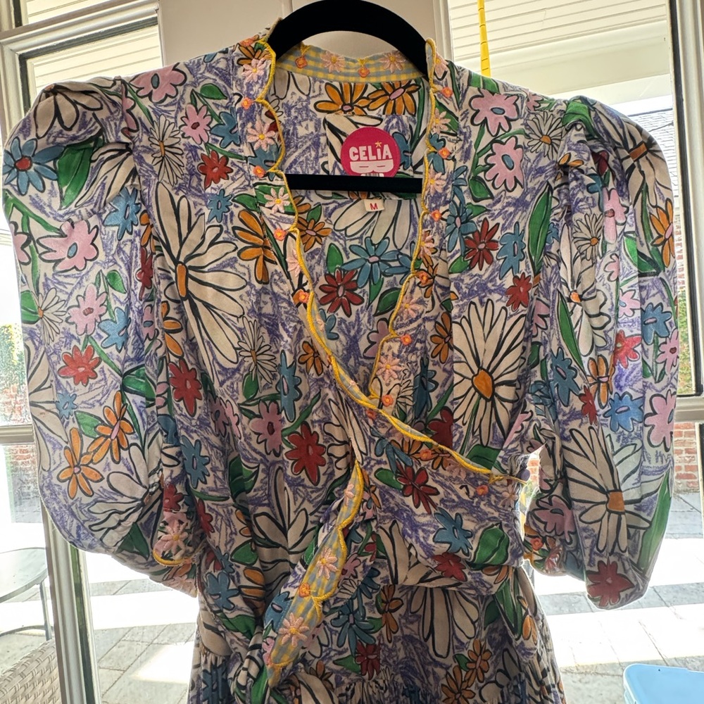 CeliaB Floral Wrap Dress in White, Yellow, Green, Blue, Pink size M